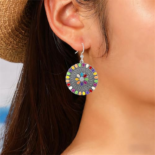 MALOYANVE Vintage Boho Circular Flower Dangle Earring, Handmade Bronze Tribal Round Enamel Floral Drop, Bohemian Ethnic Statement Jewelry Gift for Women - color: Silver Muticolor