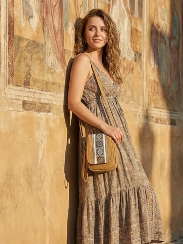 Goodhan Embroidery Canvas Crossbody Bag Cell phone Pouch Coin Purse for Women - color: Camelyellow