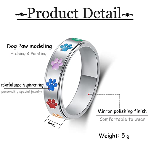 Anxiety Ring for Women Spinner Rings:Rotating Rings Stainless Steel 6mm Moon Star Anxiety for Men Band Jewelry Gift for Women Size 6 7 8 9 10 - color: Dog Paw Spinner Ring-Silver