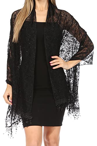 Sakkas Mari Women's Large Lightweight Soft Lace Scarf Wrap Shawl Floral and Fringe - color: Style3-black
