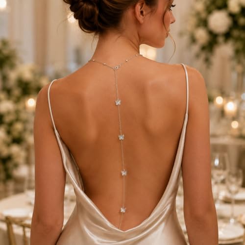 Back Necklace for Backless Dress Body Chain Jewelry for Women Adjustable Rhinestone Chain Necklace Bridal Jewelry for Weddings Summer Vacation - color: butterfly solver