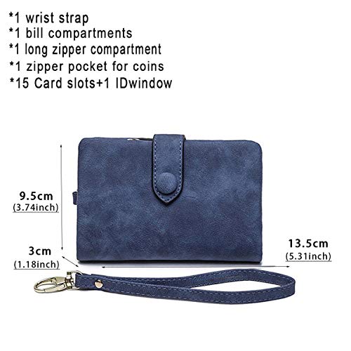 AOXONEL Women's Small Bifold Leather wallet Rfid blocking Ladies Wristlet with Card holder id window Coin Purse - color: Blue