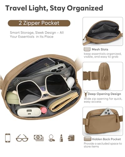 Pritent Fanny Packs for Women Cross Body Bag Waterproof Belt Bag with Adjustable Strap and Zipper Back Pocket Small Crossbody Bags Fashion Waist Packs for Workout Travelling(Khaki) - color: Khaki, size: Small