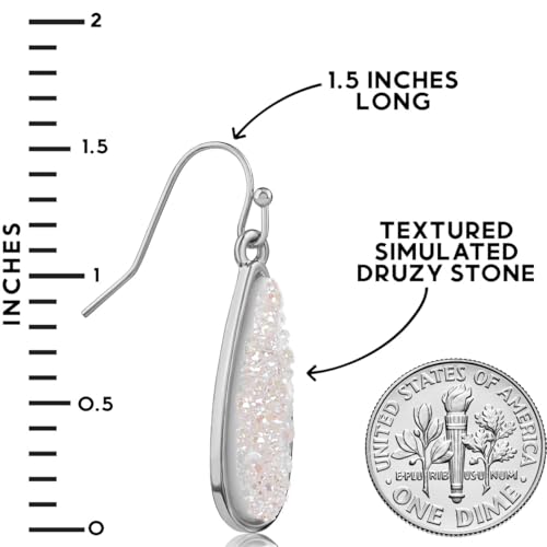 Teardrop Dangle Earrings for Women with Simulated Druzy Stones, in Gold or Rose Gold Tone - color: Silver - White Created Opal