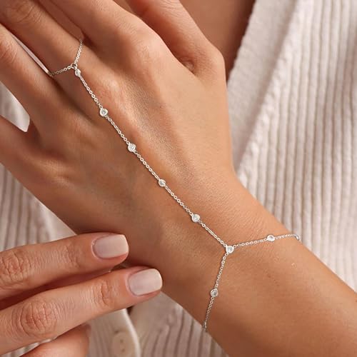 Risamil 14K Gold Plated Hand Chain Bracelets for Women Trendy, Dainty 2PCS Ring Bracelet Hand Chain Finger Bracelets Layered Stackable Link Bracelets for Women Jewelry Gifts for Women - color: CZ-Silver