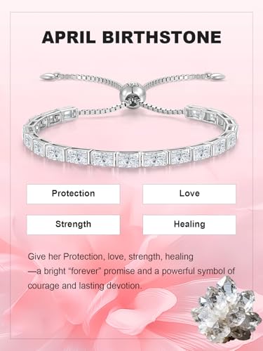 Radiant Cut Birthstone Tennis Bracelets for Women, Adjustable 6–9 Inches White Gold Plated Sterling Silver Bracelet, Hypoallergenic Anniversary Birthday Valentine’s Day Gift for Her - color: 04-Simulated Diamond