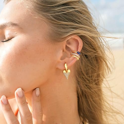 MTMY Gold Ear Cuff Earring for Women 14K Gold Plated Cubic Zirconia Non-Pierced Clip on Cartilage Chunky Ear Cuffs Hypoallergenic Jewelry - style: blue eye / pair