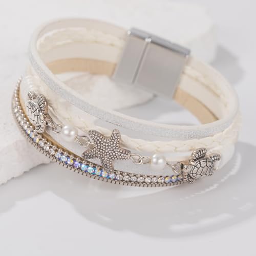 FANCY SHINY Turtle Starfish Leather Wrap Bracelet Boho Rhinestone Pearl Cuff Bracelets for Women Summer Beach Jewelry for Women - color: White
