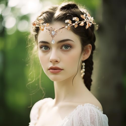 Vivivalue Golden Fairy Crown Flower Headband Elf Floral Headpiece Hair Wreath Woodland Forest Even Circlet for Women Halloween Renaissance Wedding Bridal Cosplay Prom Photo - color: golden