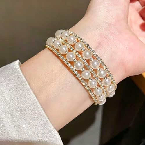 Pearl Rhinestone Stretch Cuff Bracelet for Women Adjustable | Perfect for vintage weddings parties vacations and everyday wear - color: Gold A+