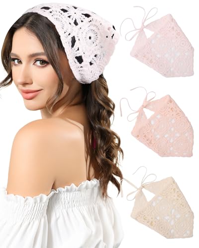 AWAYTR Crochet Head Scarf Hair Bandanas Women Knit Bandana Headband Scarf Tie-Back Head Coverings Floral Headscarf - color: Solid Color - Pink + Beige + Orange Pink