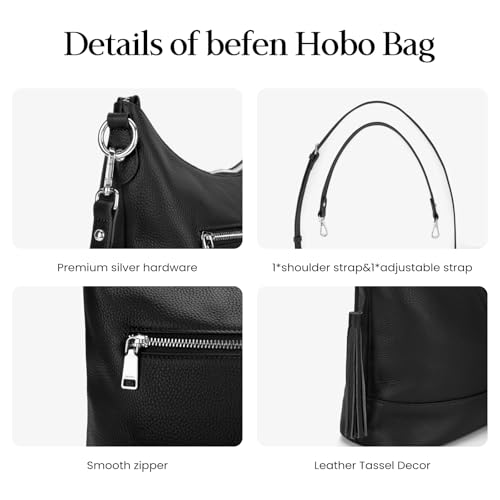 Genuine Leather Hobo Crossbody Bag for Women, Soft Real Leather Bucket, Shoulder Handbag Purse with 2 Removable Strap - color: Black