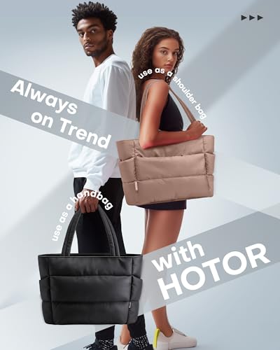 HOTOR Puffer Tote Bag for Women, Nurses - Multi-Pocket Lightweight Bag for Work - Quilted Handbag for Travel and Gym - color: Brown, size: 18.1" × 6.3" × 11.8"