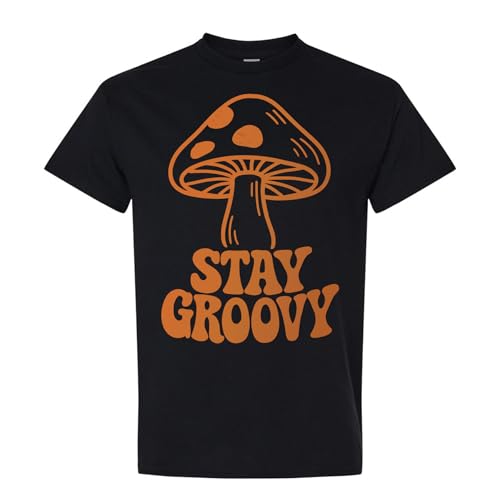 Stay Groovy Mushrooms T-Shirt– Retro Aesthetic Apparel – 100% Cotton Unisex Tee - color: Black, size: X-Large