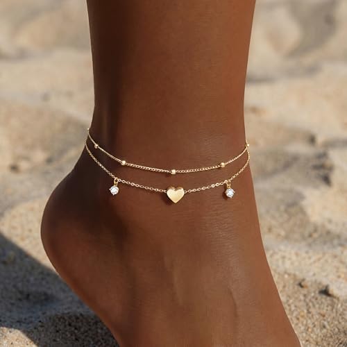 Gold/Sterling Silver Anklet Bracelets for Women Waterproof, Non Tarnish 925 Sterling Sliver Plated Heart Evileye Butterfly Charm, Dainty Summer Beach Anklets for Women, Beach Vacation Bikini Outfits for Her Mom - style: Heart-Gold