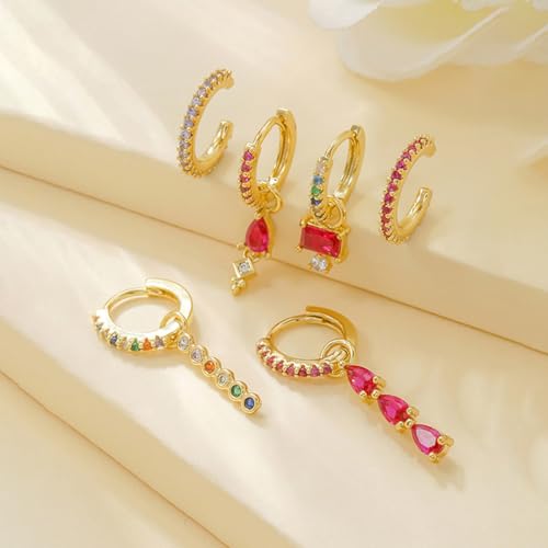 6pcs Gold Hoop Earring Stacks For Women Dainty Colorful Cubic Zirconia Huggie Earrings 18k Gold Hoop Earrings Cartilage Stud Earring Sets For Multiple Piercing - style: Fashion-A
