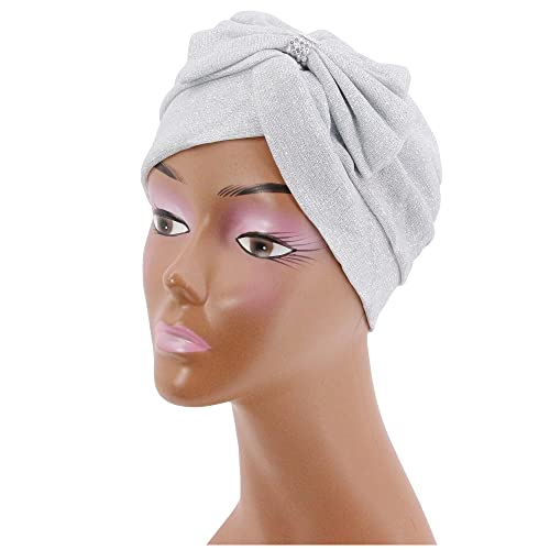 Erinaco Women Sparkle Sequin African Turban Bow Knot Pre-Tied Cap Pleated Ruffle Bonnet Beanie Hat Headwrap Skull Caps - color: Glitter White