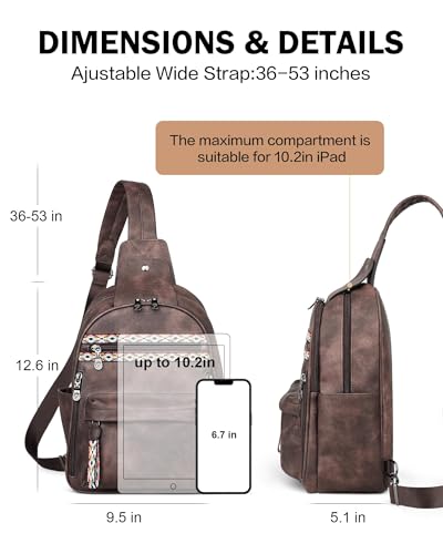 FADEON Large Sling Bag for Women, Leather Crossbody Purse Designer Anti Theft Sling Backpack, RFID Fanny Packs for Travel - color: Coffee Brown Retro Style