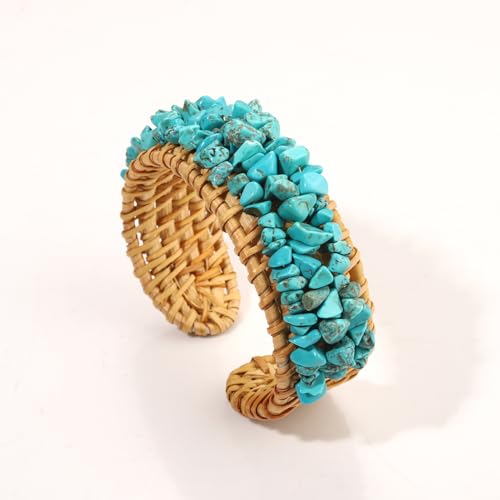 Rattan Bracelet Handmade Lightweight Straw Wicker Braid Cuff Bangle Bracelet Statement Adjustable Bohemian Rattans Woven Chunky Bracelets for Summer Wrist Jewelry - style: Z Rattan Cuff Bracelet Turquoise