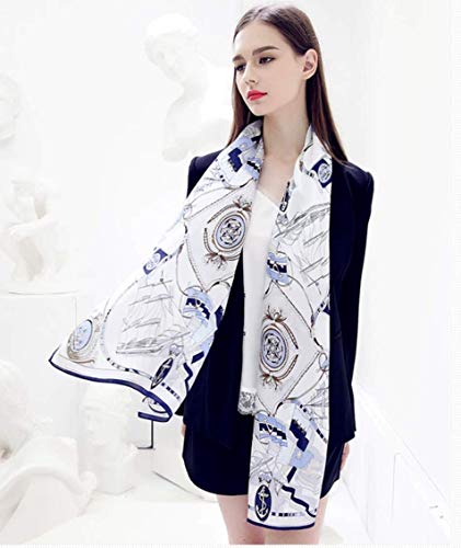 ANDANTINO 100% Silk Long Scarf-Women Large Oblong Shawls with Gift Packed - color: White&blue-sailing