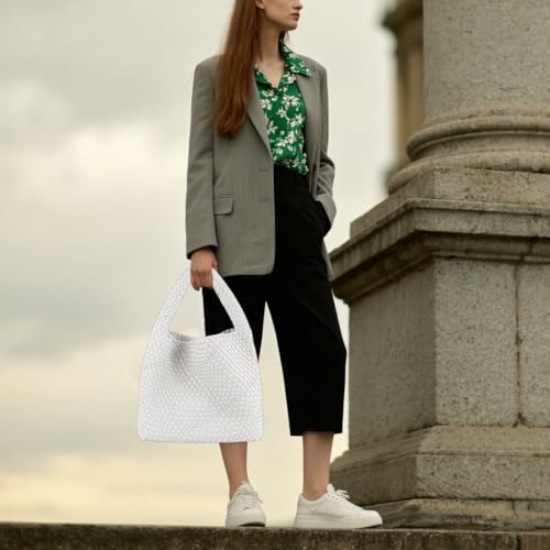 Woven Tote Bag For Women, Large Vegan Leather Travel Handbag, Casual Work Shoulder Bag, Underarm Commuter Hobo Bag With Purse - color: White