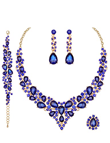 CSY 4 Pcs/Set Austrian Crystal Necklace Earrings Bracelet Ring Bridal Jewelry Sets for Brides Wedding Party Costume Accessories Gifts for Women - color: 02-gold plated-royal blue