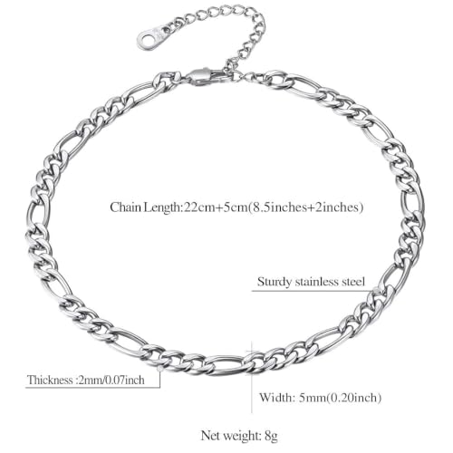 FindChic Stainless Steel Ankle Bracelets for Women, Waterproof Figaro/Cuban/Box/Beaded Chain Anklets, Summer Beach Foot Jewelry, 8.5''-10.5'' Adjustable Length, with Gift Box - style: A Figaro Chain-Silver