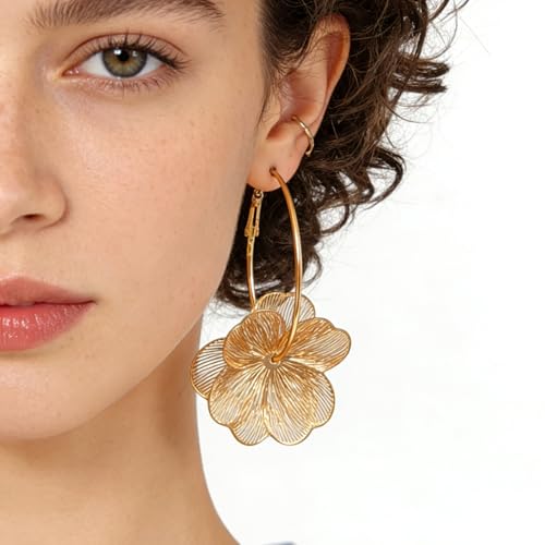 Gold Flower Earrings for Women Boho Orchid Earrings Floral Hoop Petal Earring Prom Wedding Jewelry - style: A:GOLD