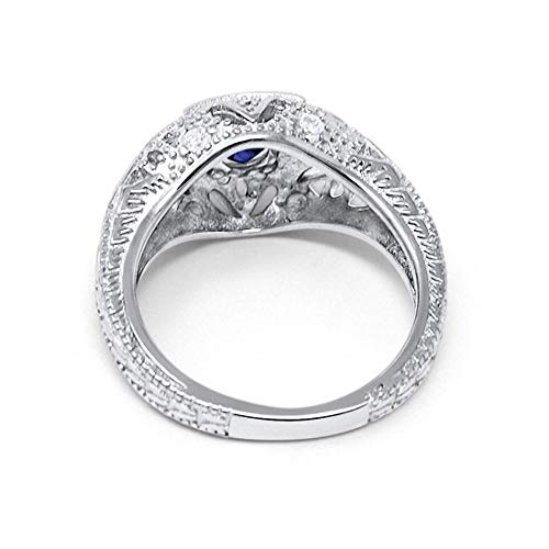Blue Apple Co. Art Deco Ring Round Cubic Zirconia Leaf Filigree Design Split Shank Twisted Band Bridal Statement Wedding Engagement Rings For Women 925 Sterling Silver Gifts For Her - color: Simulated Blue Sapphire