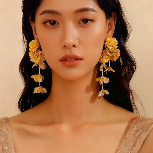 Fabric Flower Earrings for Women Colorful Long Tassel Floral Drop Earrings Fashion Boho Exaggerated Statement Beach Party Jewelry - color: Color Yellow