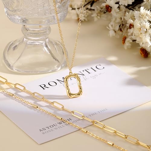BERISO 14K Gold Plated Layered Necklace for Women, 3 Layer Dainty Gold Necklace with Minimalist Pendant, Elegant Everyday Gold Jewelry Gift - style: layered necklace-A