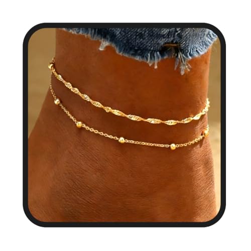 Yalice 925 Silver Ankle Bracelets Chain for Women Dainty 14K Gold Plated Waterproof Beads Anklets Layered Beach Foot Jewelry Gift - color: Gold-Twisted Link