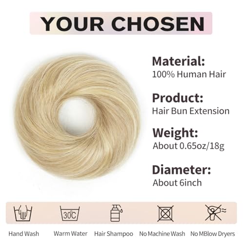 2 PCS Human Hair Bun, Messy Bun Hair Piece, Soft Fluffy Elastic Scrunchie, 30s Easy Updo for Women & Kids, Ideal for Daily Wear, Ballet, Dance & Office Use (Honey Highlights Golden) - color: Ash Blonde with Gold Highlights, size: 4 Inch
