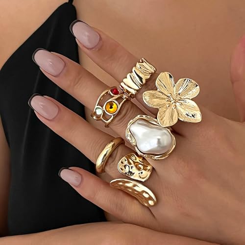 Gold Silver Chunky Ring Set for Women,Open Stacking Knuckle Statement Ring,Boho Flower Baroque Pearl Rings Set,Minimalist Aesthetic Rings Jewelry Gifts - color: Gold