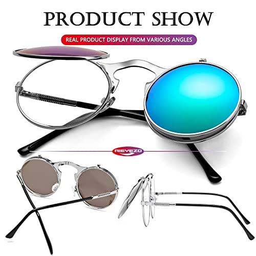 AIEYEZO Round Flip Up Sunglasses for Men and Women Rave Flip Glasses 90's Retro Steampunk Style - color: Silver/Green Mirror