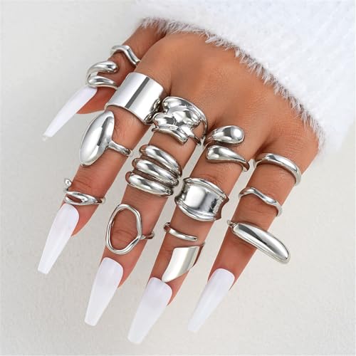 Knuckle Rings Set for Women, Chunky Stackable Joint Finger Statement Rings Vintage Adjustable Hollow Carved Midi Ring Pack Punk Aesthetic - style: C-14Pcs
