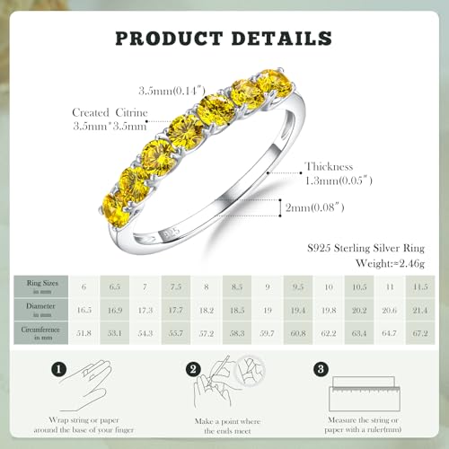3.5mm Stackable Rings S925 Sterling Silver Created Birthstone & Cubic Zirconia Ring for Women Wedding Bands Anniversary Birthday Jewelry Size 6 to 10(with Box) - color: 11-Created Citrine-Nov
