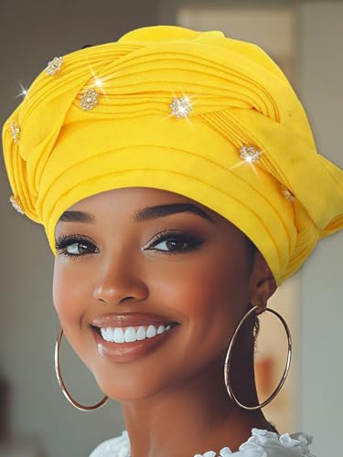 Woeoe Women African Turban Pre-Tied Twisted Beanie Cap Headwear Rhinestone Soft Stretchy Head Turbans - color: Yellow