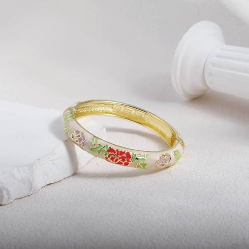 Vintage Flower Cuff Bangles Gold Plated Cloisonne Chinoiserie Peony Floral Elegant Bracelet Gifts For Women - color: beige