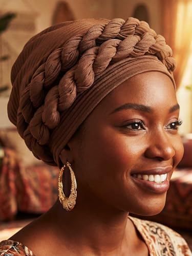 Woeoe Women African Turbans Pre-Tied Twisted Grey Hat Rhinestone Stretchy Head Wrap for Church Party - color: Khaki
