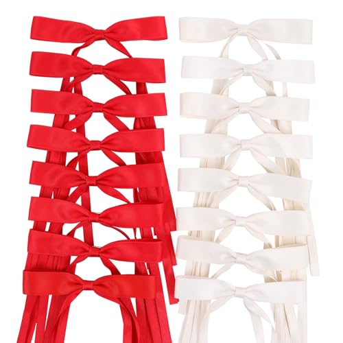 WORTL Red Hair Bows Clips Coquette Ribbon Bowknot with Long Tail Princess Hair Bows French Barrettes Hair Accessories for Women Girls 16PCS (Red, Cream) - color: Red, Cream