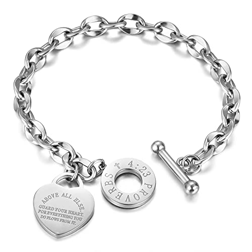 Emibele Heart Charm Bracelet for Women, Bible Verse Bracelet Stainless Steel 18K Gold Plated Bracelet Love Pendant Link Chain OT Clasp, Birthday Christmas Jewelry Gift for Mother Her - color: Silver