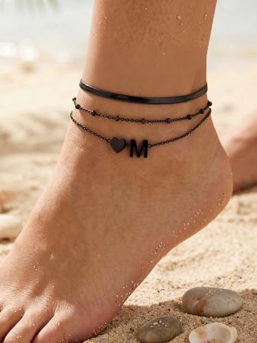 Silvora Ankle Bracelets for Women Waterproof 14K Gold/Silver/Black Initial Anklet for Women Dainty Layered Heart Ankle Bracelets Stainless Steel Adjustable Foot Chain Anklet Summer Beach Jewelry - color: Black-Stainless Steel, size: 13.M