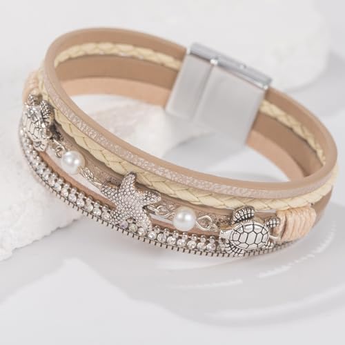 FANCY SHINY Turtle Starfish Leather Wrap Bracelet Boho Rhinestone Pearl Cuff Bracelets for Women Summer Beach Jewelry for Women - color: Gold