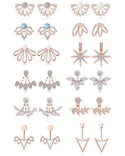 Tornito 6-12 Pairs Lotus Flower Earring Studs Chic CZ Earrings Jackets For Women Silver Rose Gold Tone - color: B:12 Pairs,Rose Gold Tone