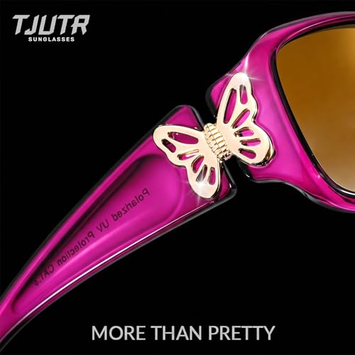 TJUTR Polarized Sunglasses for Women with Wrap Around Butterfly Design, Trendy Jackie-O Style for UV400 Protection - color: A75 Clear Purple Frame Brown Lenses