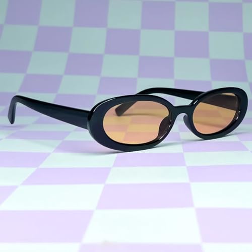 90s Sunglasses for Women Men Retro Small Oval Sunglasses - color: Black/Light Orange