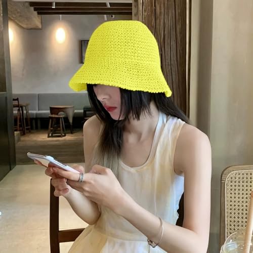 Womens Floppy Straw Sun Hat Packable Wide Brim Summer Beach Hat Foldable Crochet Bucket Hats - color: Fluorescent Color