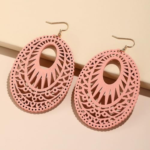 Boho Wooden Cutout Dangle Earrings for Women Bohemian Teardrop Oval Hollow Floral Pattern Drop Earrings Colorful Lightweight Statement Party Jewelry - color: Pink