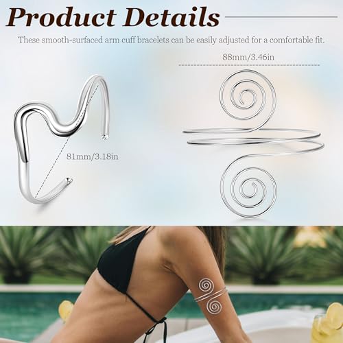 2Pcs Gold Arm Cuff for Women Adjustable Arm Cuff Bracelet Minimalist Open Coil Upper Arm Band Cuff Bangle Set - style: Silver A